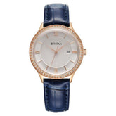 Titan Bright Leathers Women's Watch Analog Silver Dial with Blue Leather Strap, 95247WL06